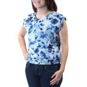 KIIND OF Womens Blue Cut Out Back Floral Cap Sleeve Jewel Neck Top Size: S